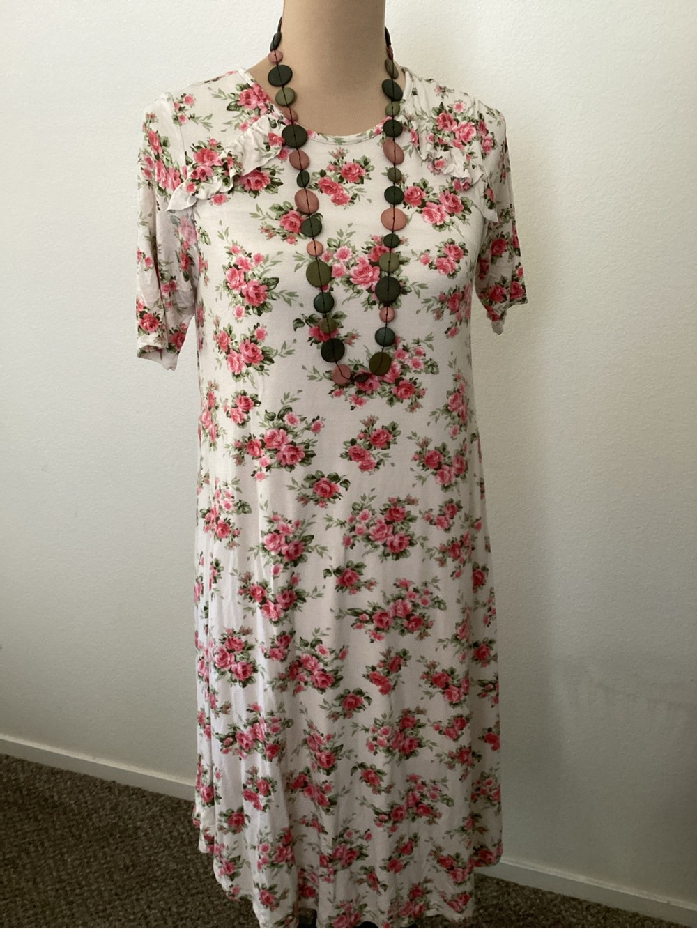 Sweet Claire Cream Midi Dress with Pink Floral Pattern